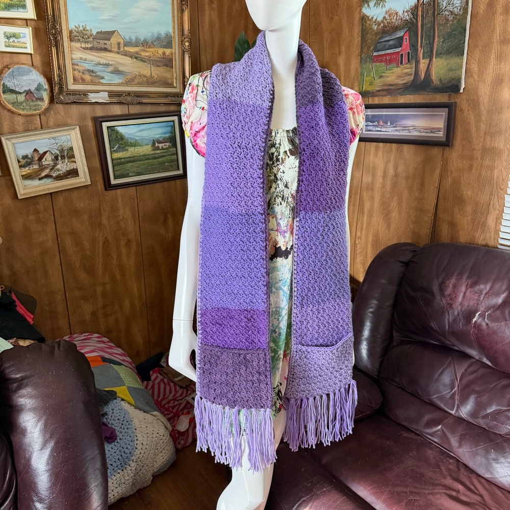 Handmade Purple Knit Scarf with Fringe